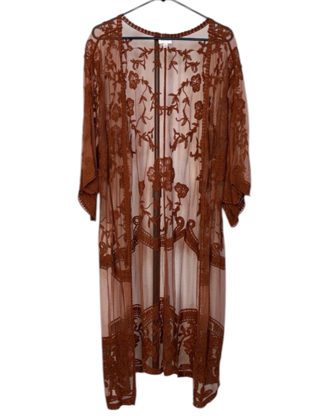 Dizzy Gal Sheer Embroidered Floral Lace Rust Brown Kimono Duster XL